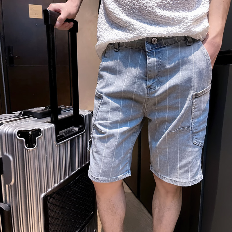 薄款潮流中裤条纹宽松牛仔工装裤夏季男生五分短裤男裤潮牌p48,男装牛仔裤,电商A270