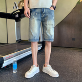 2025夏季夏季男士破洞五分裤直筒牛仔潮流薄款破洞痞帅P50，男装牛仔裤，电商A270