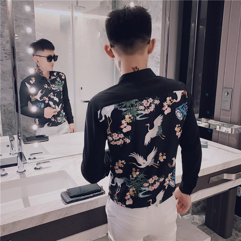 男士衬衫修身印花炸街帅气百搭潮流上衣服衬衣工作服精神小伙P50,男装衬衫,电商A270