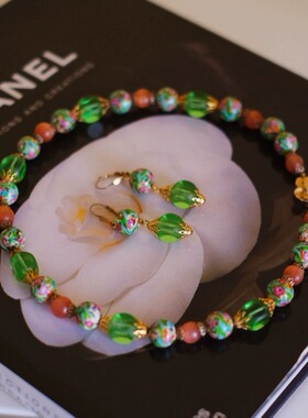 vintage toccata ART DECO 绿色 花卉 项链 耳环 套装