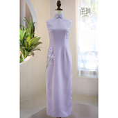 修身 茧玥高端手工定制旗袍 紫色哑光重磅真丝改良时尚 绣花长旗袍