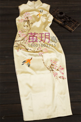 茧玥手工旗袍老上海高端定制黄色真丝大师级手绘时尚改良宴会礼服