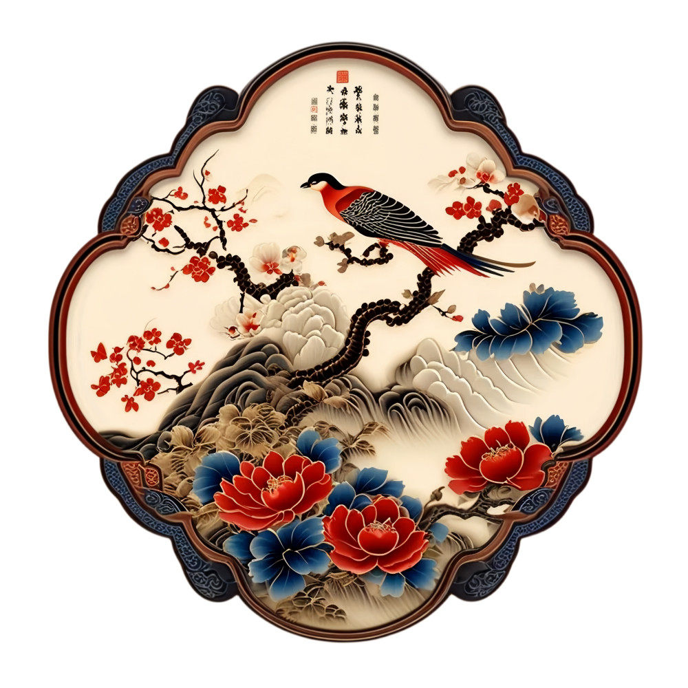 中国风中式圆形山水画背景墙牡丹花图案贴纸家居玄关过道自粘贴