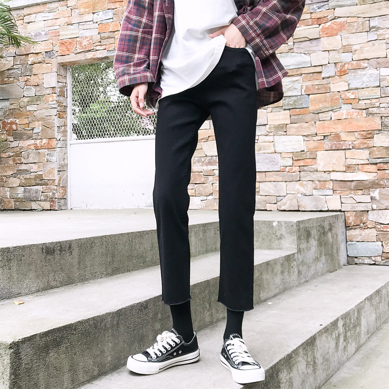 黑色高腰牛仔裤女春秋新款韩版百搭学生八分修身直筒裤九分显瘦潮