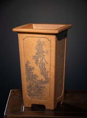 名家唯珍精品定制高档紫砂四方兰花盆李记高档紫砂花盆