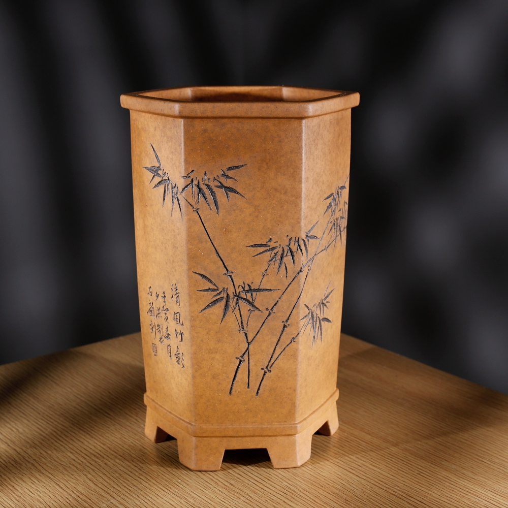 秦夕洪特高特大高六方签筒兰花盆