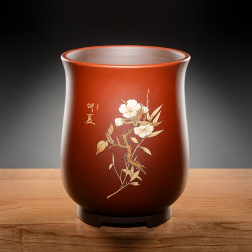 全手工原矿兰花紫砂花盆胡鹏泥绘