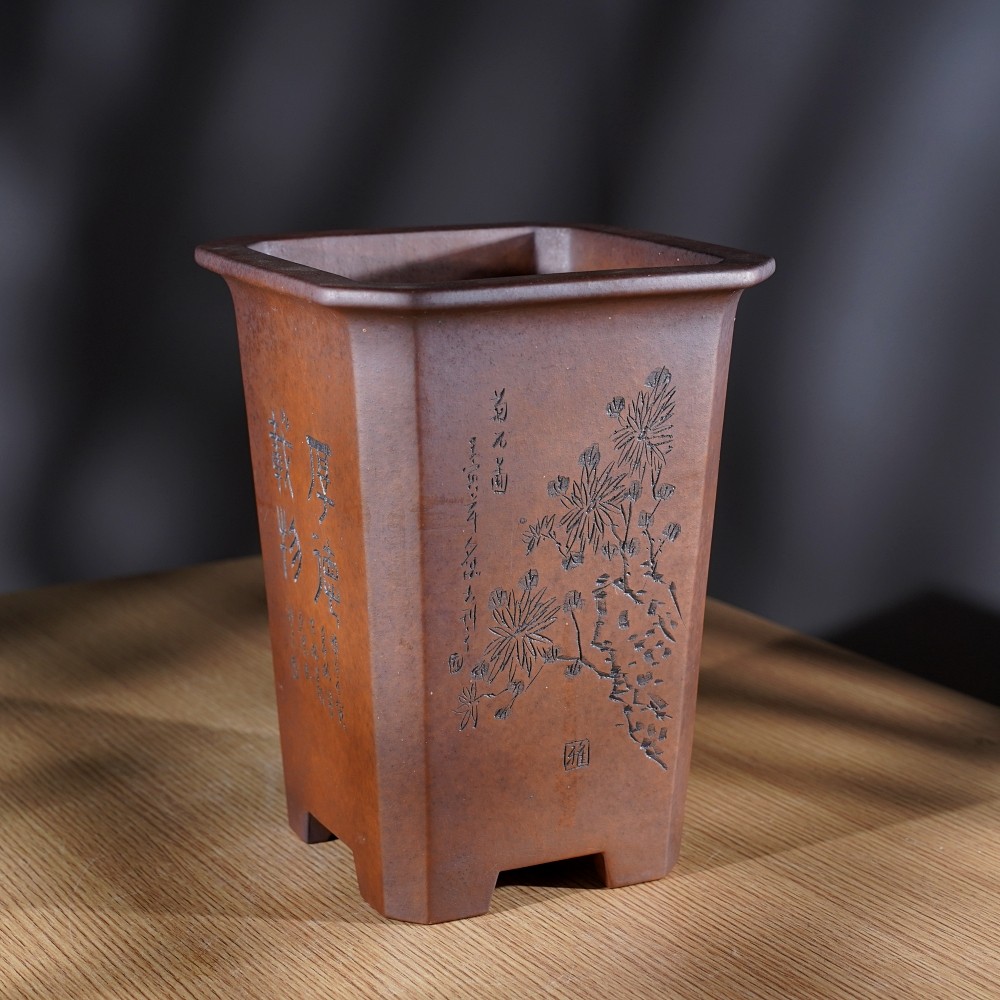 新款特大号精品高四方切角名家秦夕洪段泥深色柴烧签筒兰花盆景盆