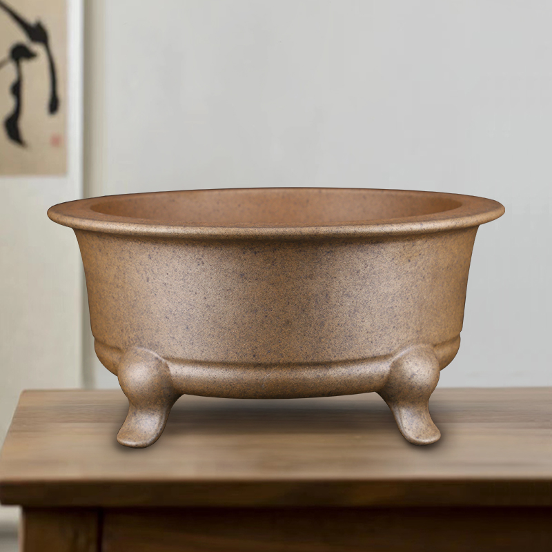 中号大号四足高脚柴烧高圆口紫砂