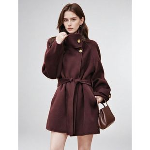 荣太继承者立领全羊毛呢子大衣女秋冬小个子系带显瘦双面呢外套