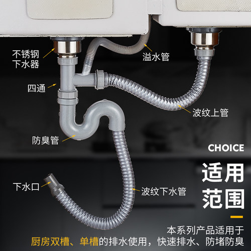 厨房不锈钢双槽洗菜盆下水管配件水槽排水管洗碗池防臭套装通用型 - 封面