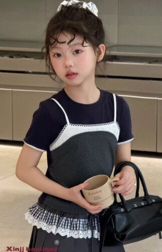 心尖尖波拉韩国童装女童T恤26夏季新款儿童休闲假两件短袖上衣潮