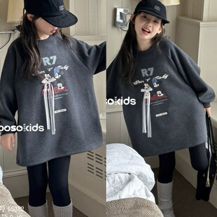 波拉韩国童装女童一体绒加厚卫衣秋冬款韩版中长款加绒上衣打底衫