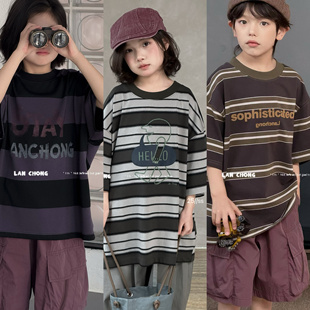 览虫韩国潮牌街舞童装男女童夏款儿童条纹短袖T恤衫宽松休闲上衣