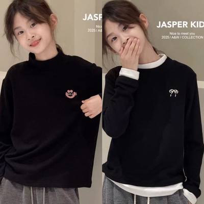 特JASPER波拉韩国儿童装半高领发热打底衫秋冬款德绒假两件上衣