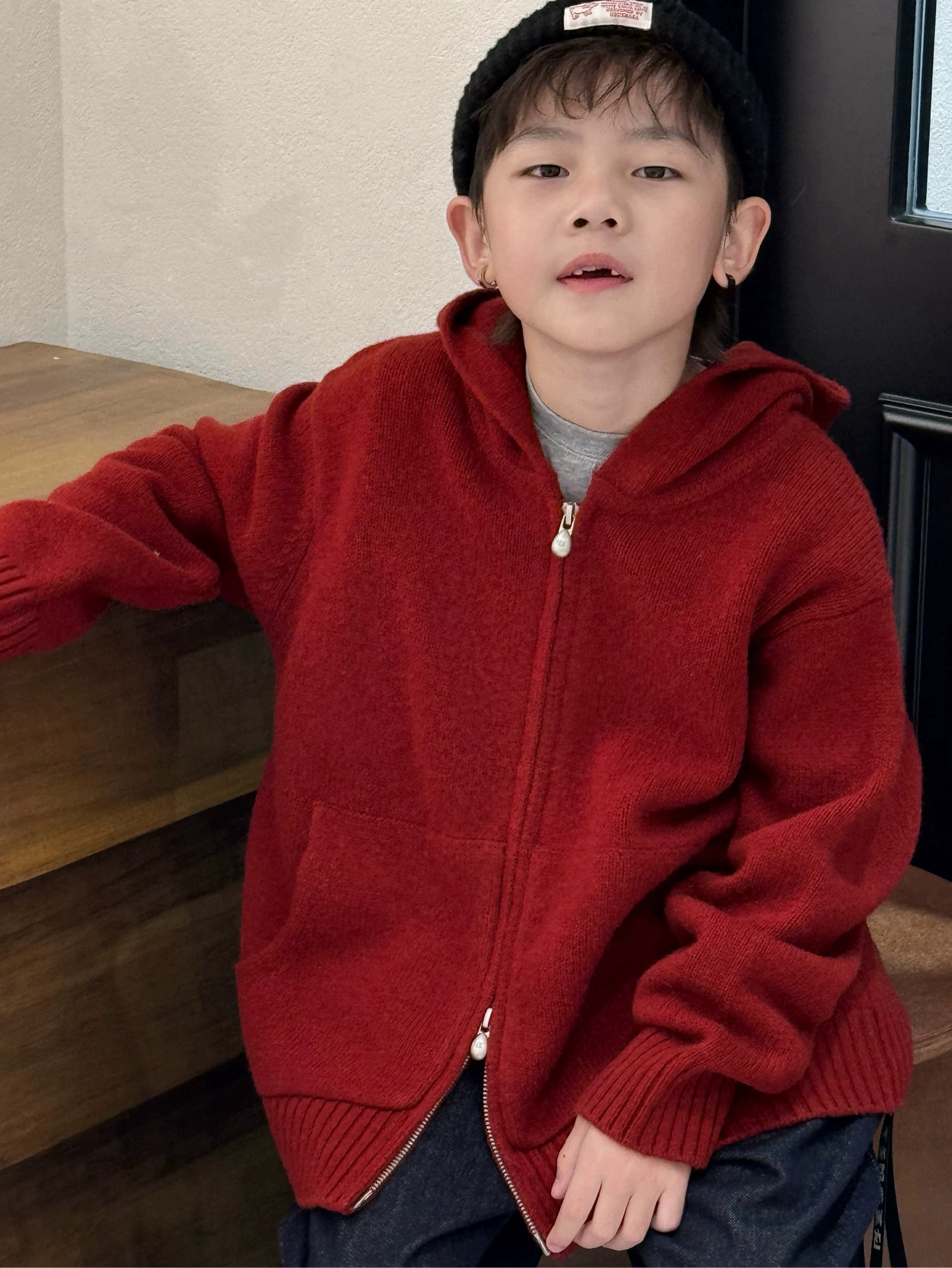 现货波拉韩国童装2026秋冬新款儿童连帽外套男女童毛衣针织帽开衫
