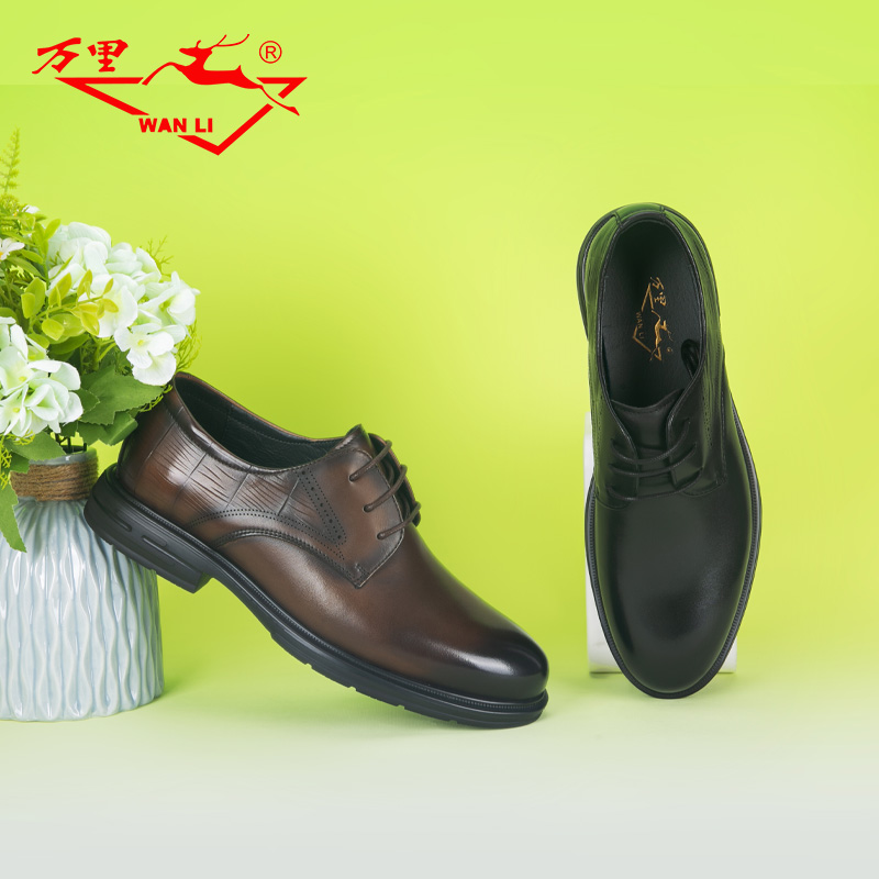 万里新款商务休闲鞋真皮正装男鞋百搭系带粗跟低帮单鞋HBT1138