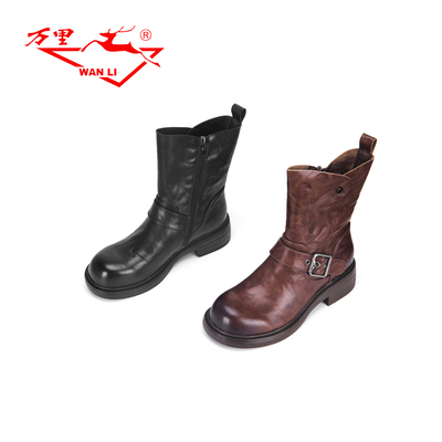 万里新款英伦风中筒靴真皮时尚侧拉链女靴百搭粗跟时装靴BRT6129