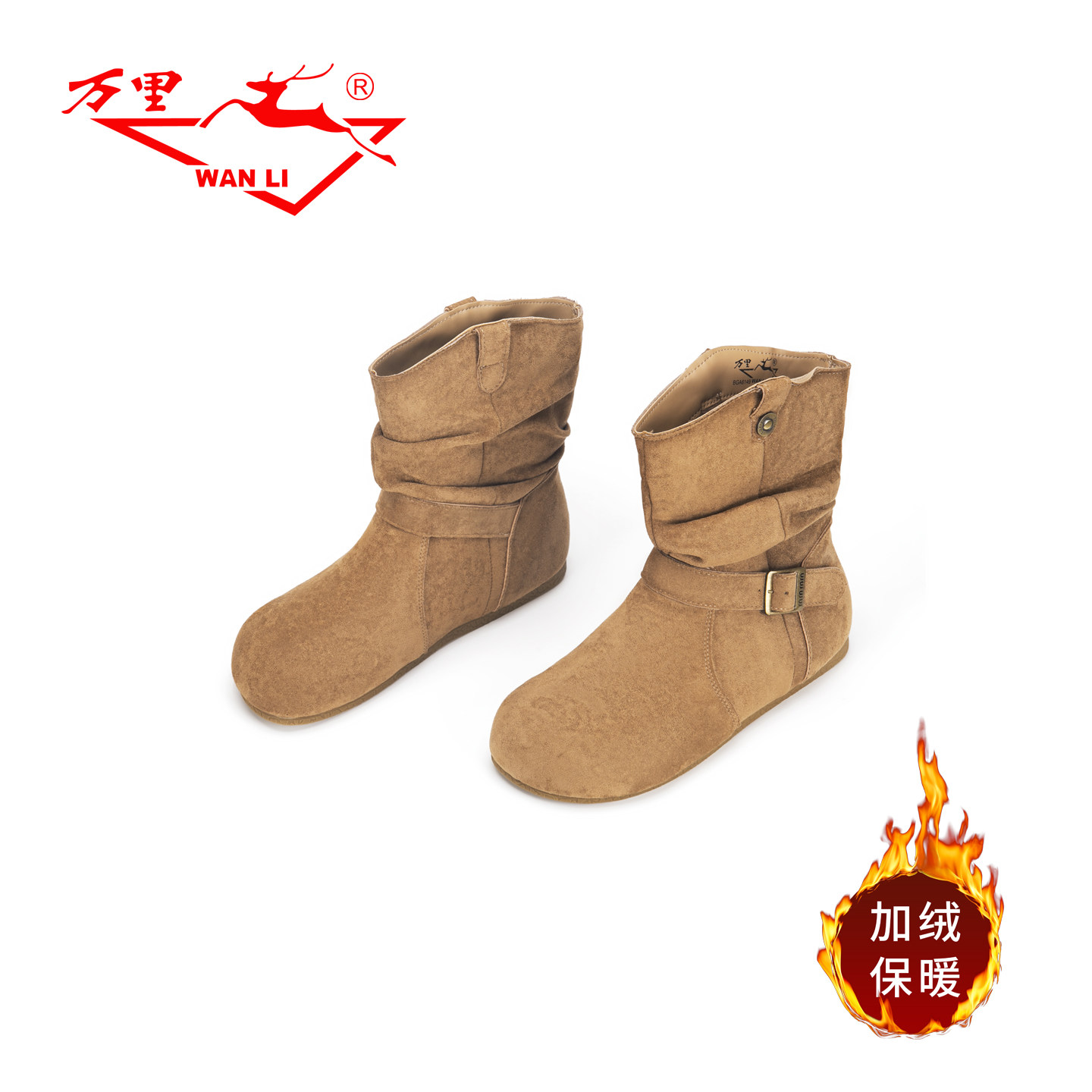 万里新款复古内增高勃肯短靴舒适平底女鞋加绒堆堆靴BGA6149