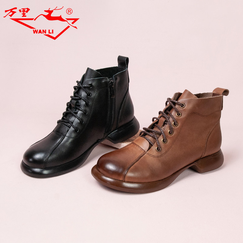 万里新款真皮马丁靴时尚侧拉链短靴舒适百搭粗跟女鞋kht6788
