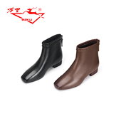 后拉链方头女鞋 万里新款 休闲短靴百搭低跟真皮靴时尚 BNT6136