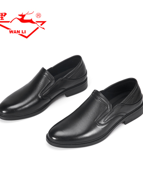 万里新款商务休闲鞋舒适一脚蹬男单鞋百搭粗跟真皮通勤鞋BHT1192