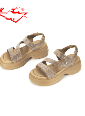 万里夏季新款休闲凉鞋漏趾外穿时尚水钻厚底女鞋BBT4385