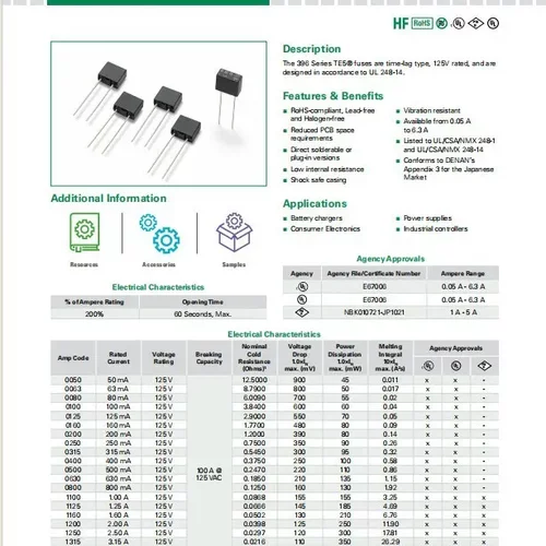 396方形 T5A 125V TE5超小型 慢熔断一次性保险丝 39615000000