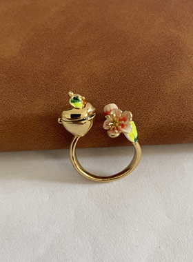 镀18K真金轻奢手绘珐琅彩釉田园风华正茂可打开甜美百搭戒指指环