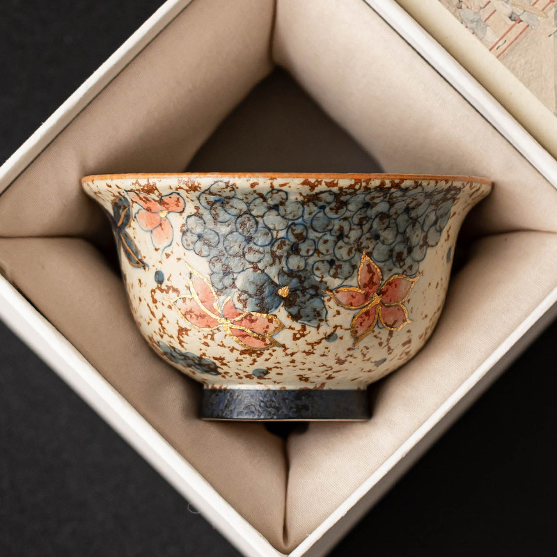 极素高档陶瓷茶杯青花火石红描金绣球花压手杯大号主人杯子品茗杯