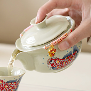 极素草木灰快客杯陶瓷旅行茶具一壶三杯金玉满堂便携式户外泡茶壶