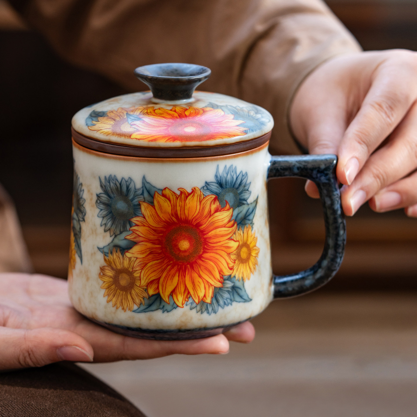 极素焦糖釉汝窑向阳花陶瓷喝茶杯子办公室泡茶杯茶水分离家用茶具