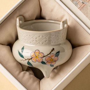 极素草木灰三足香炉手绘桃花香薰炉陶瓷线香底座点香托盘中式 香插