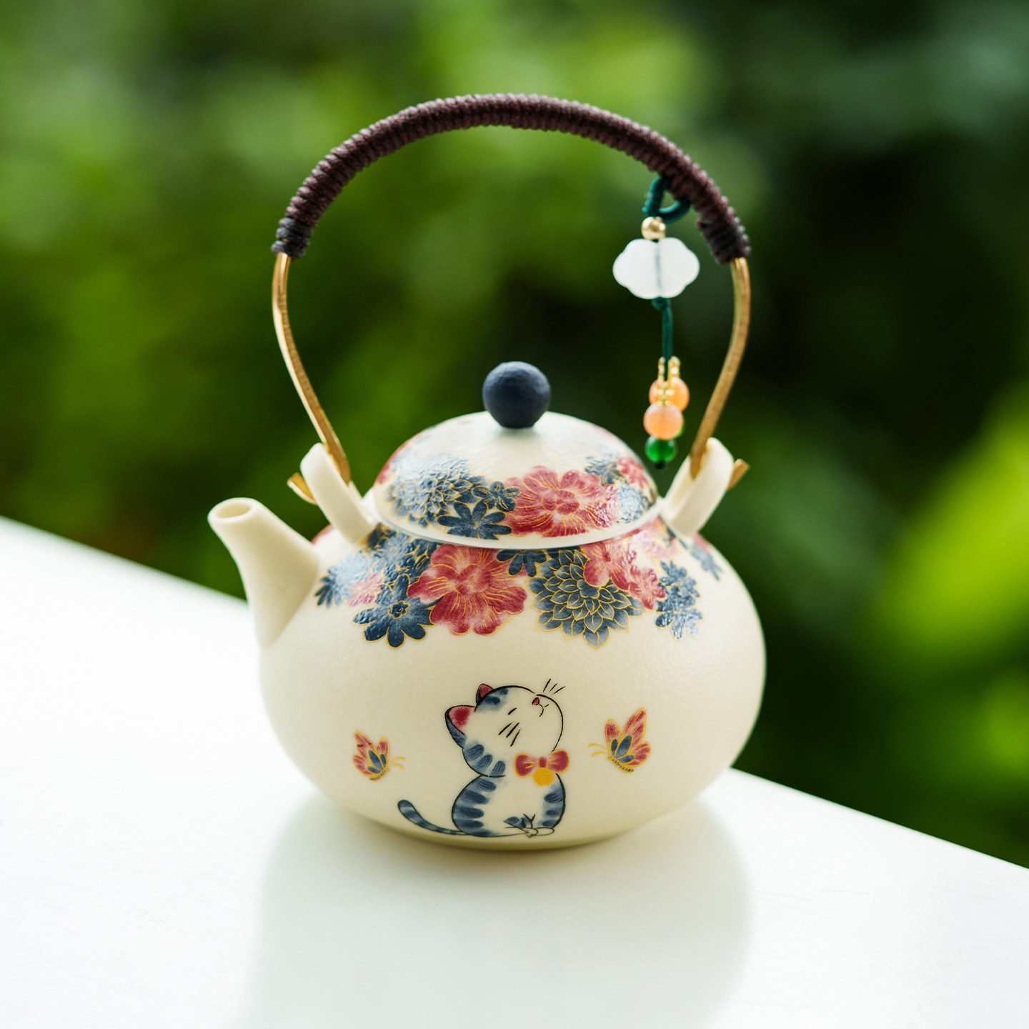 极素蝶恋花萌猫提梁壶陶瓷茶壶泡茶家用功夫茶具岩矿白带过滤单壶