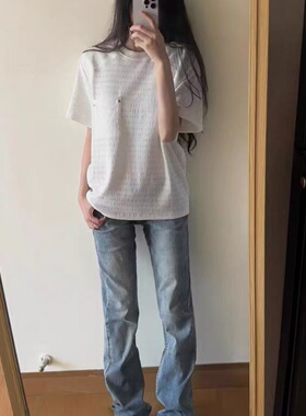 bcare浅蓝色弯刀牛仔裤男女美式高腰修身裤子显瘦提档直筒微喇裤