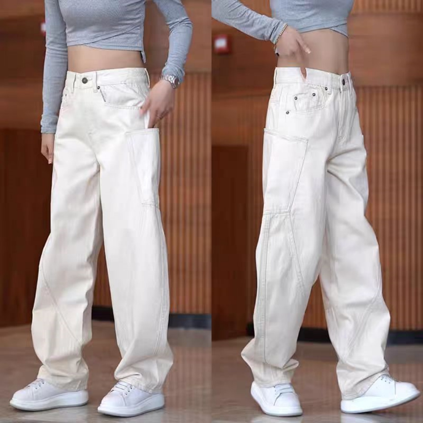 春秋拉链微弹美式高腰耐磨宽松裤