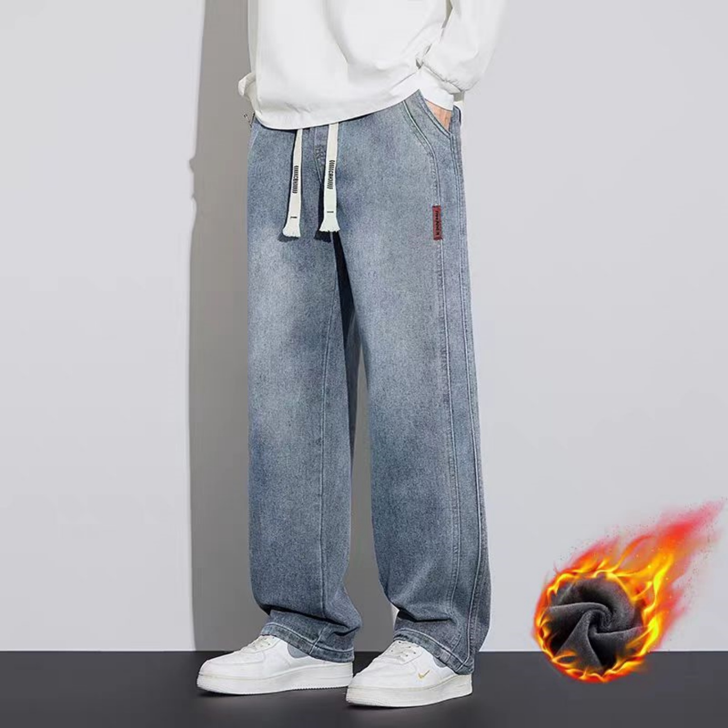 秋冬新款加绒牛仔裤男士宽松直筒