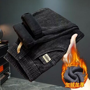 冬季牛仔裤男士直筒弹力抽绳长裤子松紧腰休闲宽松裤子男加绒厚款