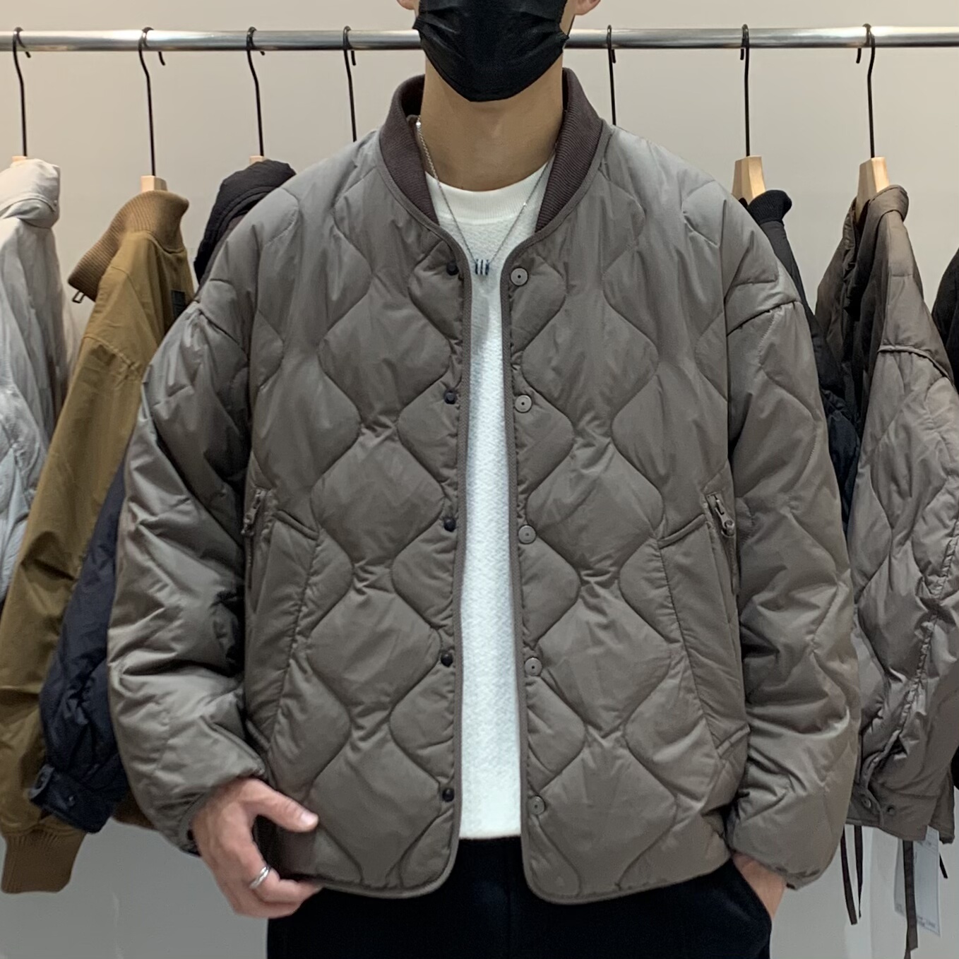 冬季男士棒球领羽绒服百搭潮流时尚日系简约帅气菱形保暖羽绒衣