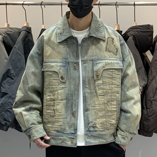 个性 冬季 翻领牛仔羽绒服百搭潮流日系时尚 男士 拼接痞帅羽绒衣 韩版