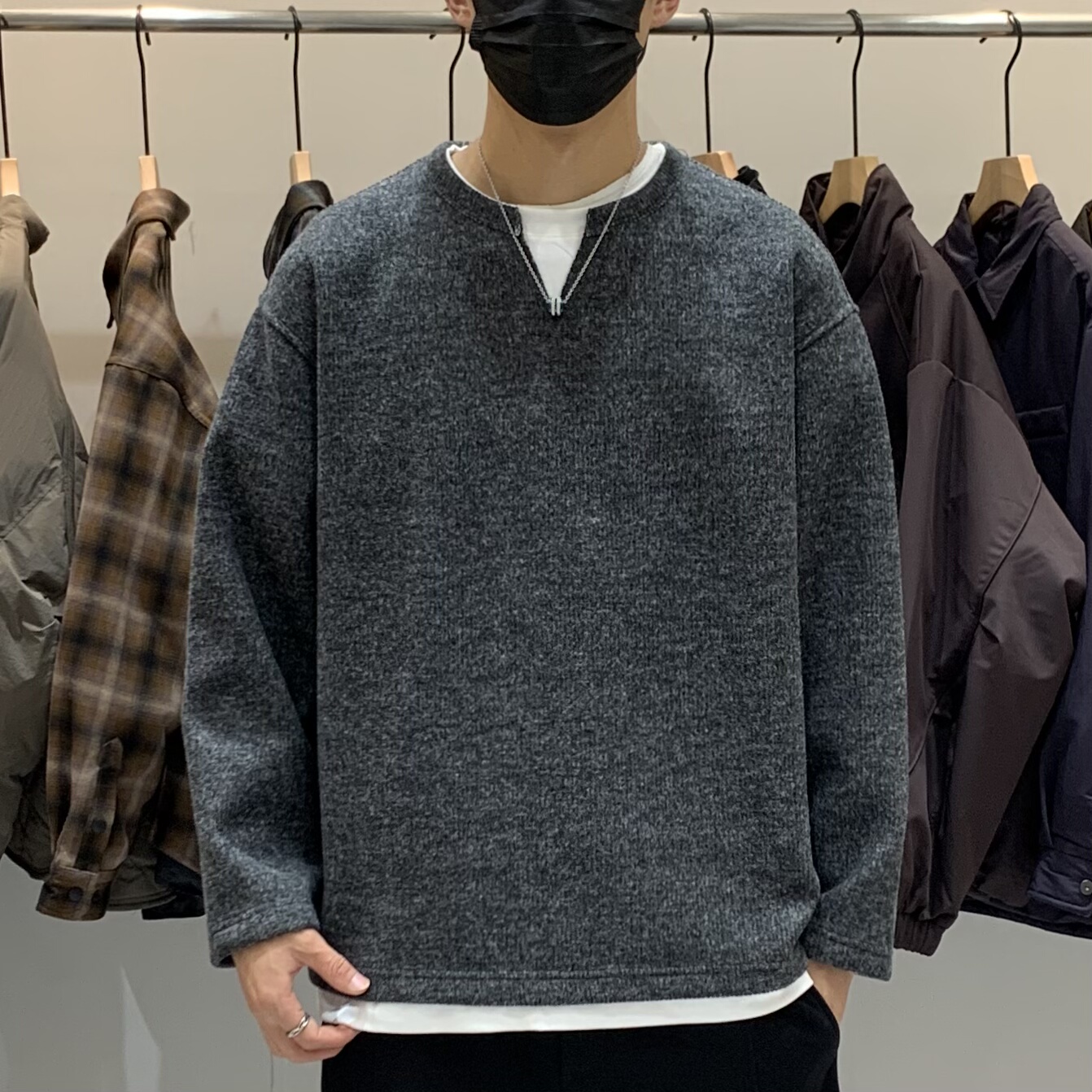 冬季韩版男加绒加厚撞色假两件V领卫衣百搭潮流休闲内搭打底上衣