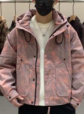 冬季韩版男士连帽羽绒服百搭潮流美式个性迷彩时尚痞帅保暖羽绒衣