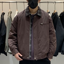 韩谷涉-冬季韩版男假两件翻领羽绒服美式复古格子拼接保暖羽绒衣