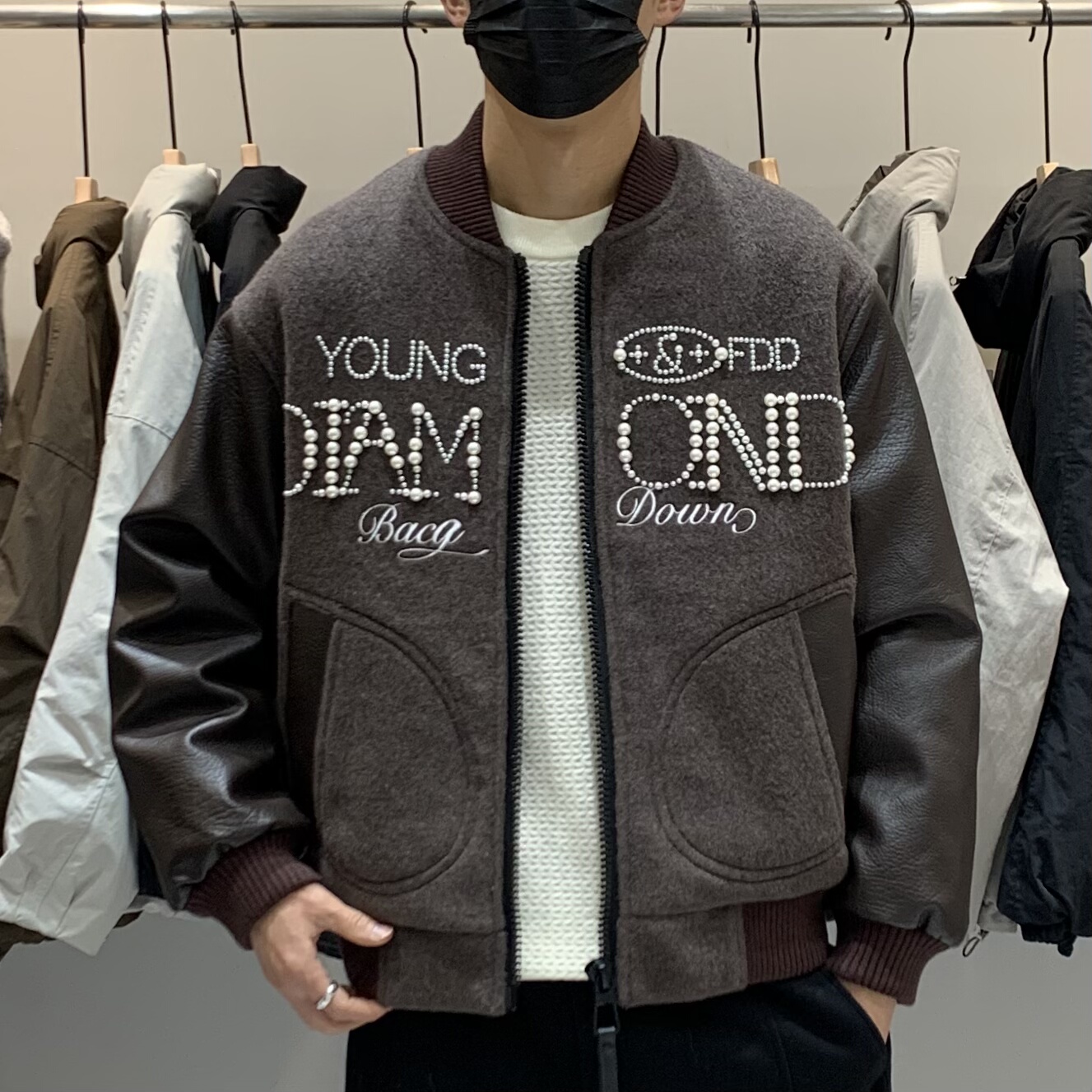 冬季男棒球领羊毛混纺羽绒服百搭潮流日系拼皮烫珠个性保暖羽绒衣