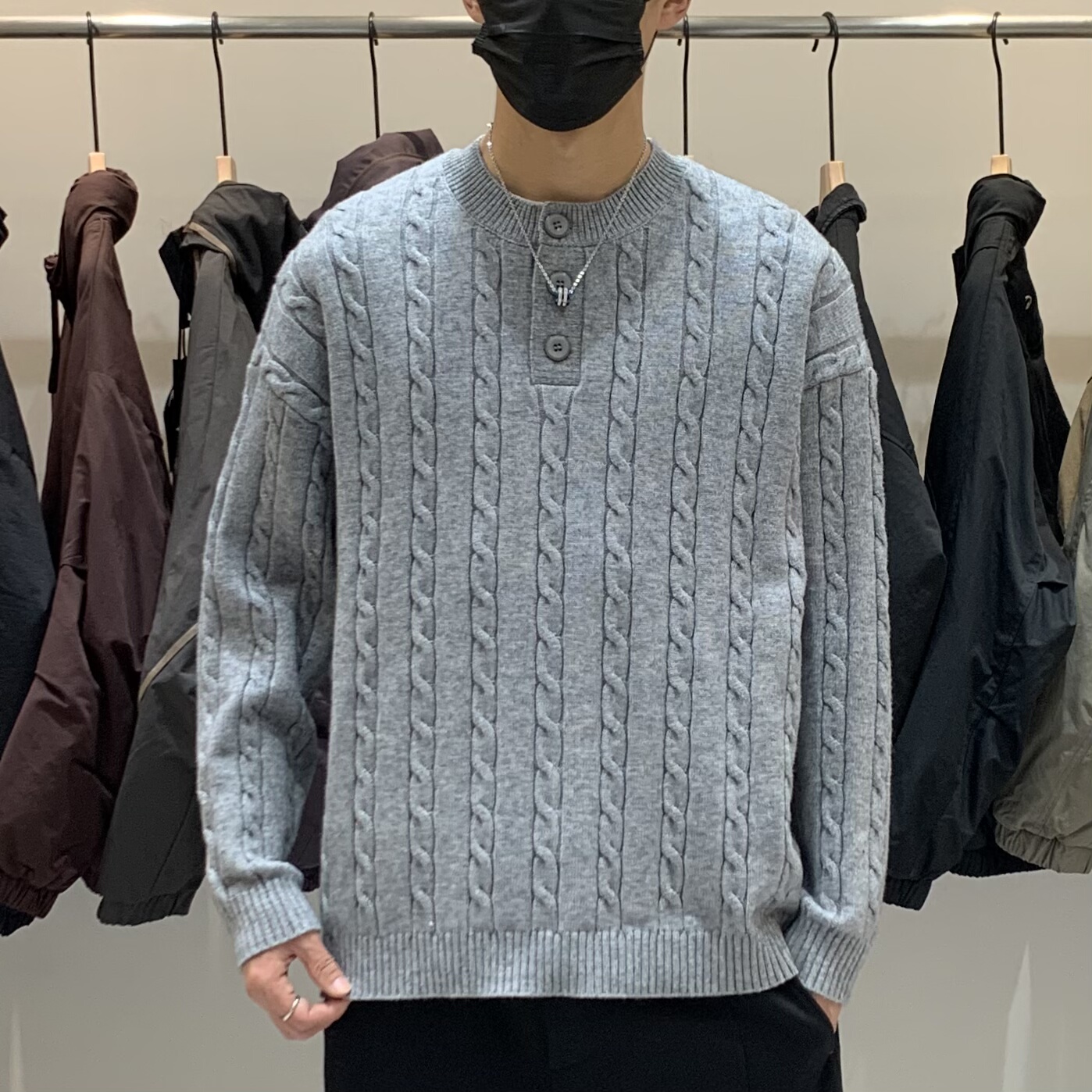 秋冬新品韩版男士宽松打底针织衫百搭潮流亨利领麻花设计感毛衣