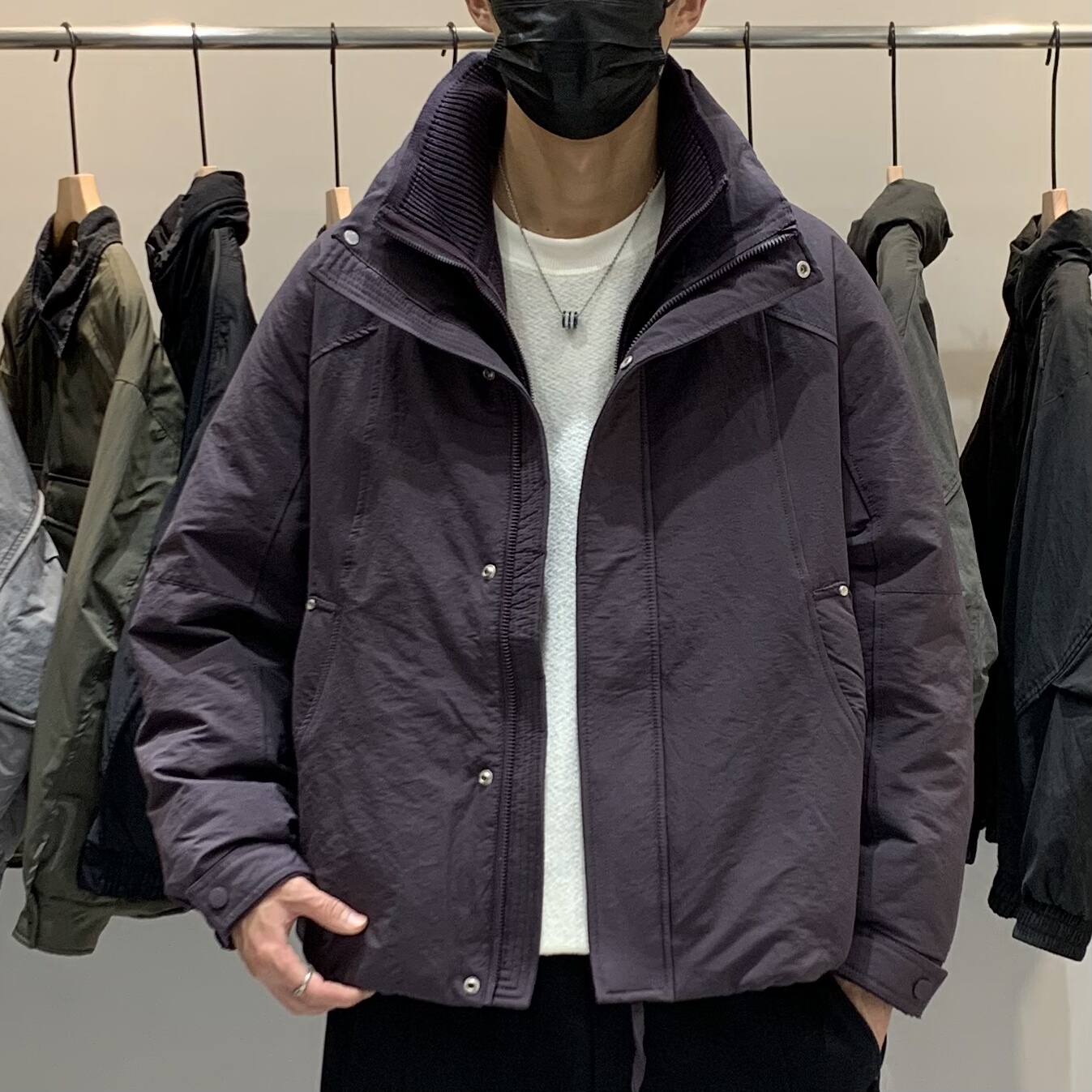 冬季男立领假两件羽绒服百搭潮流日系工装时尚痞帅拼接保暖羽绒衣