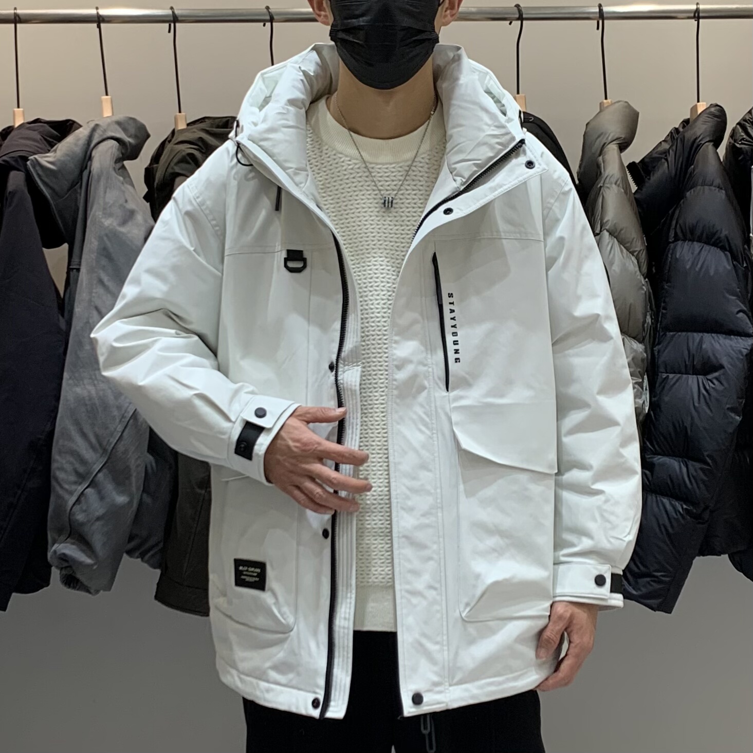 冬季韩版男士中长款连帽工装羽绒服百搭潮流日系时尚保暖羽绒衣