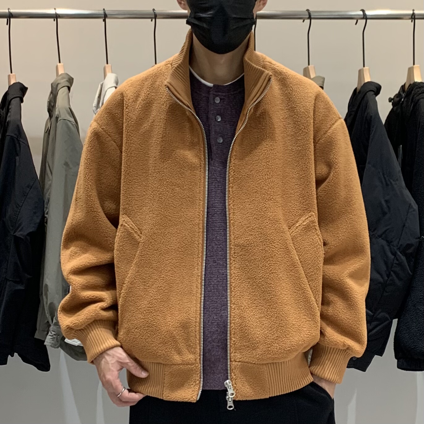 韩谷涉-秋冬韩版男立领摇粒绒加绒外套百搭潮流美式拼接保暖棉衣