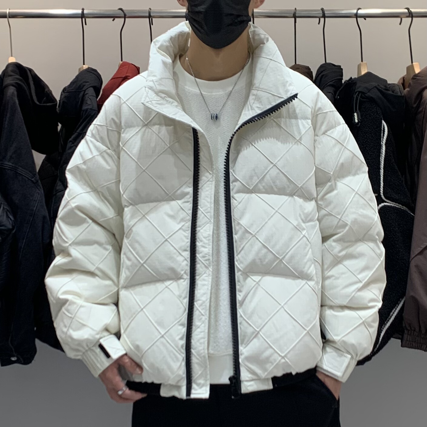 冬季韩版男士立领羽绒服百搭潮流日系时尚格纹设计感保暖面包服