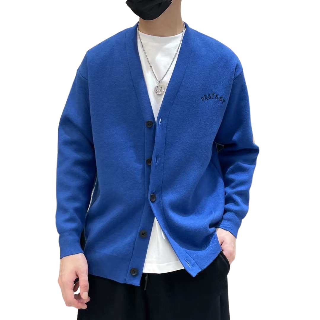 秋季新品韩版男士V领长袖针织开衫百搭潮流拼色个性毛衣时尚线衫